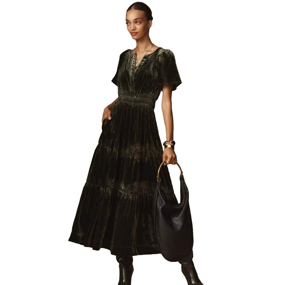 NWT by Anthropologie The Somerset Maxi in Dark Gray Velvet Edition Dress MP